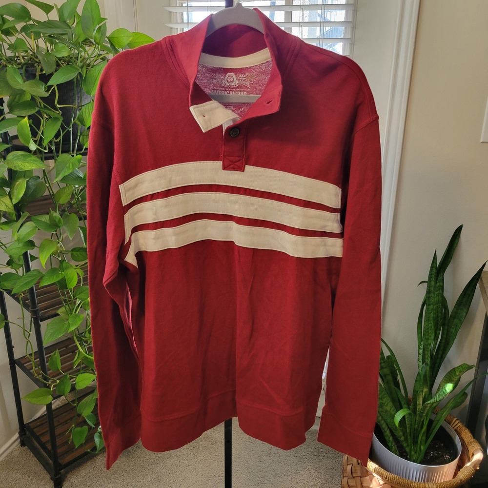 American Rag Mens XXL Red Cream Striped Long Sleeve Mock Neck Rugby Polo Shirt